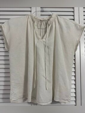 UNIQLO Women's Shirt Linen Rayon Tie Neck Boxy Short Sleeve  Ivory sz XS